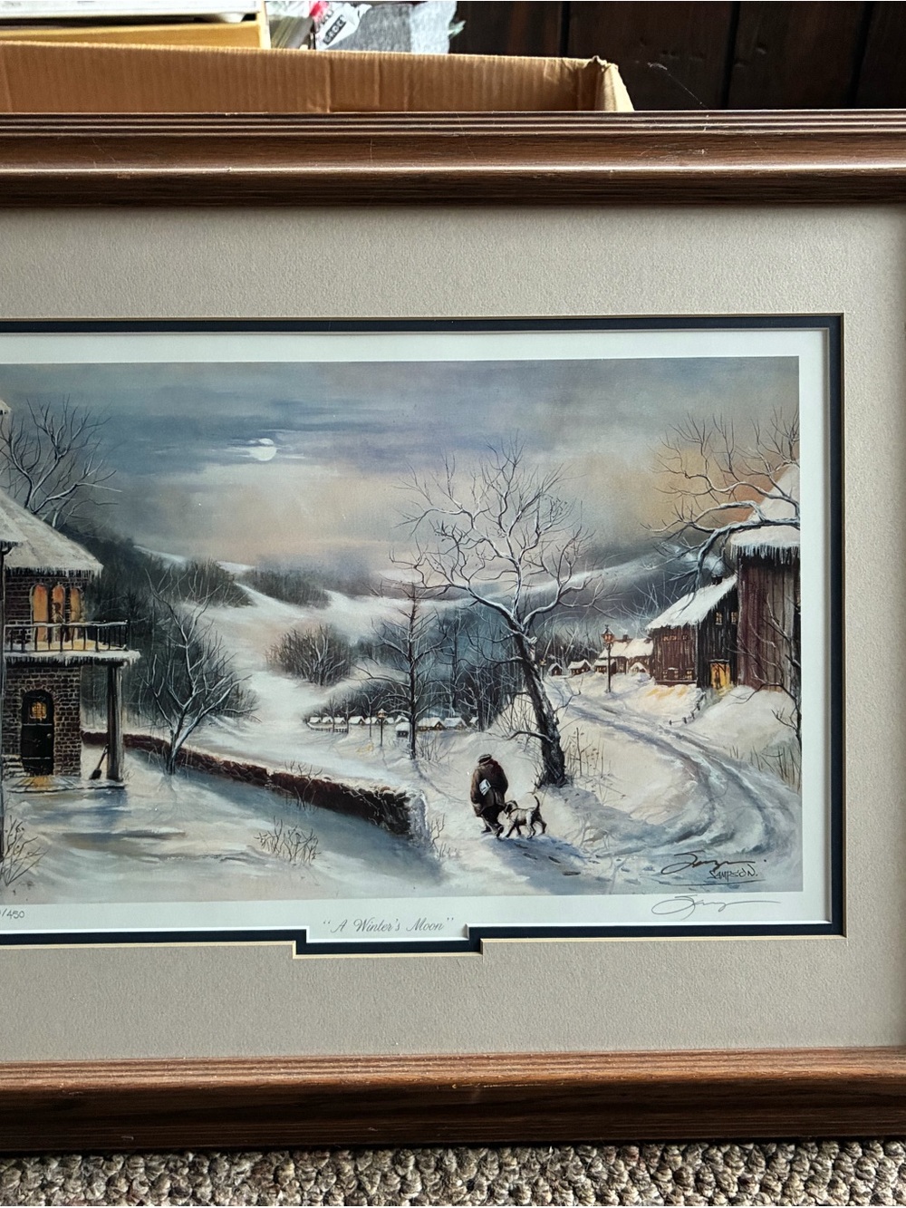 Framed Winter Landscape Art Print - Snowy Village Scene (Blue, White)